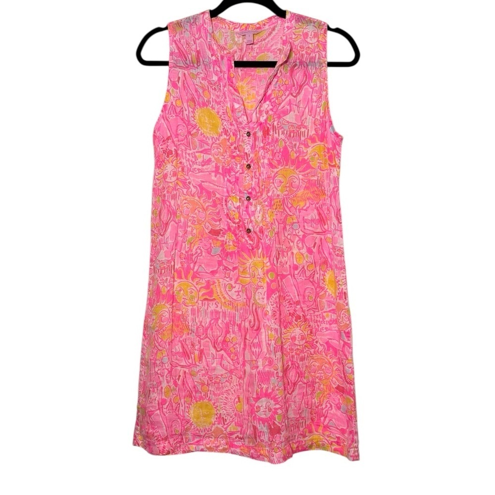 Lilly Pulitzer Pink & Yellow Sleeveless Button-Front Mini Dress